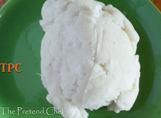 Pounded yam in a plate for Utazi Soup