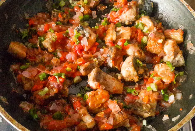 tomato and mackerel in sauce pan for mackerel in tomato sauce