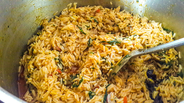 Nigerian palm oil jollof rice in a pot