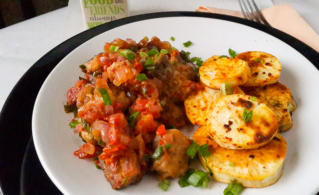 Crispy, tender, Roasted sweet potatoes with mackerel in tomato sauce