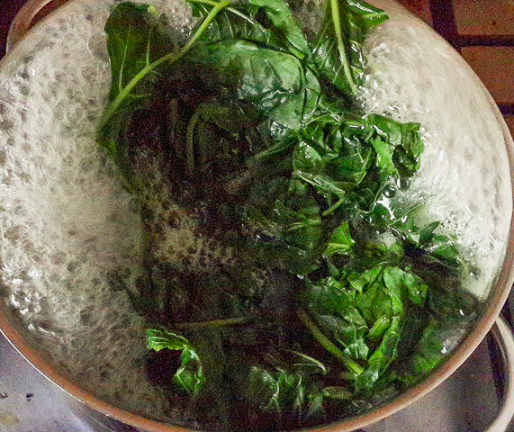 awa leaves boiling in a pot to remove bitterness for use in ofe awa, awa soup