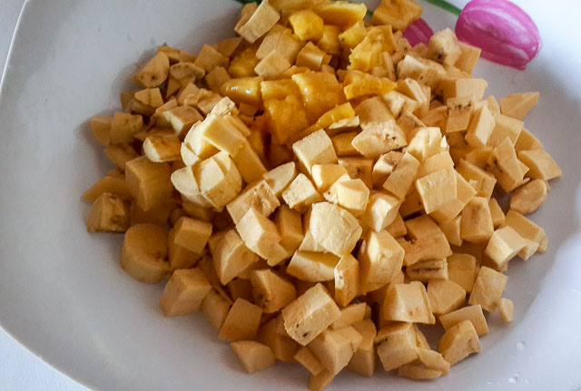 cubed plantains for plantains porridge