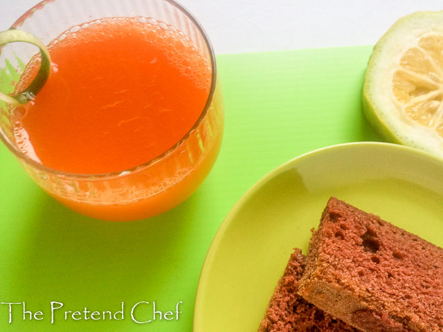 carrot orange drink with red velvet cake