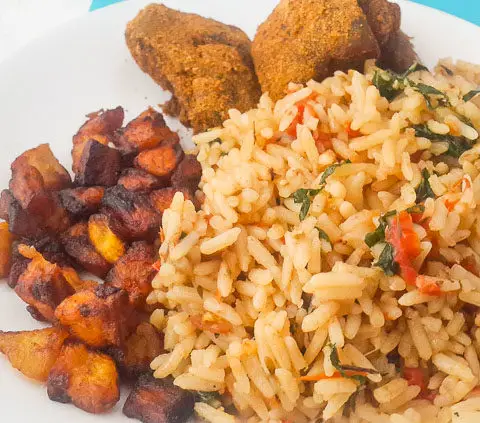 nigerian coconut rice, coconut rice with fried plantains