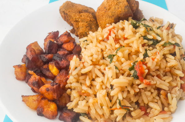 nigerian coconut rice, coconut rice with fried plantains