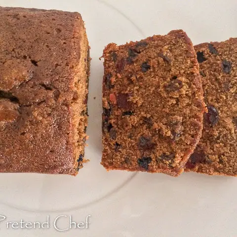 moist fruit cake made in a loaf tin and sliced