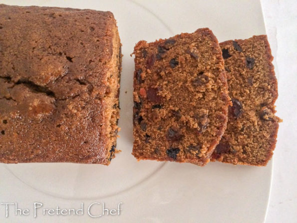 moist fruit cake made in a loaf tin and sliced