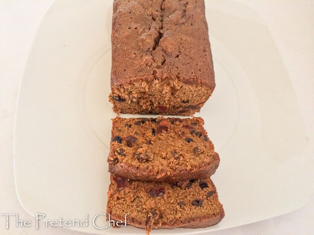 moist fruit cake made in a loaf tin and sliced