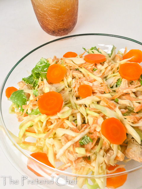 indulgent and healthy chicken salad with candied carrot coins