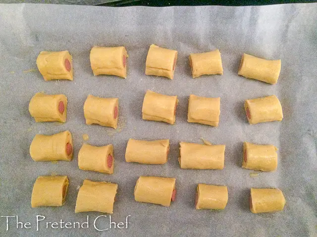 Nigerian sausage roll cut into cocktail sizes ready to be baked
