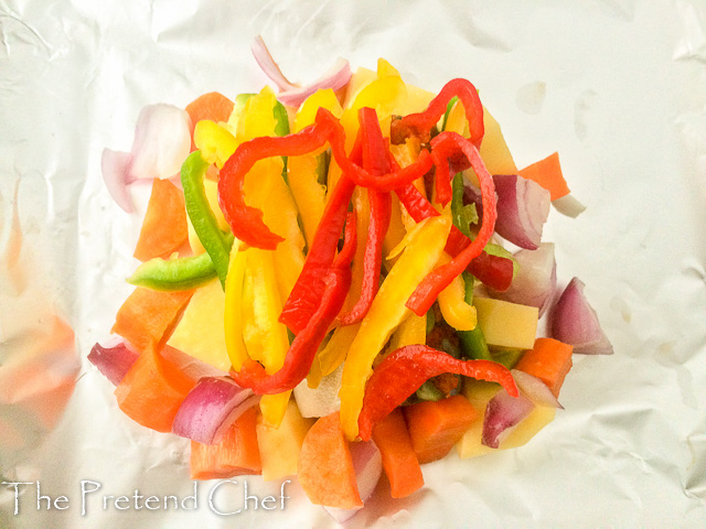 vegetables and fish ready for the oven 