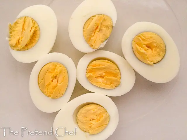 sliced boiled egg for stuffed eggs, devilled eggs
