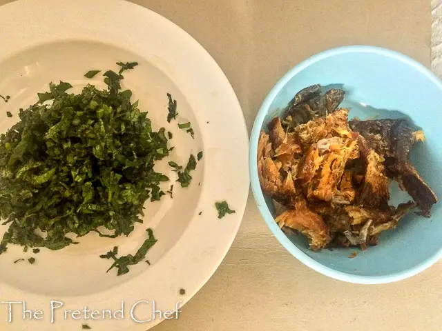 dry fish and vegetable for Oto Mboro, Unripe plantain porridge