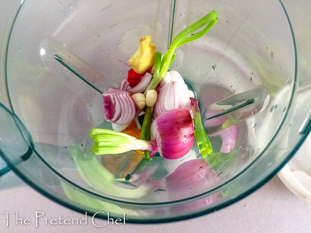 vegetables and spices in a blender for Jamaican jerk marinade