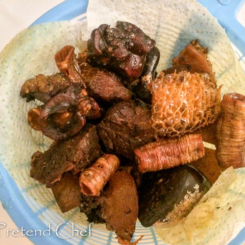 fried mixed meat for red ofada stew