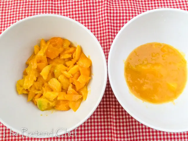 mango cubes and puree in bowls for mango muffin