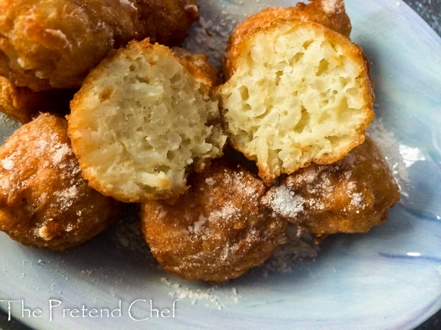 Tender sweet rice fritters sliced open