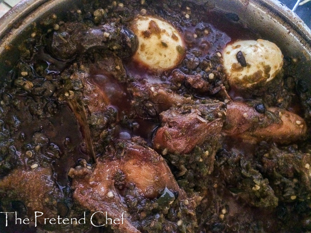 Ayamase, green ofada stew in a pot