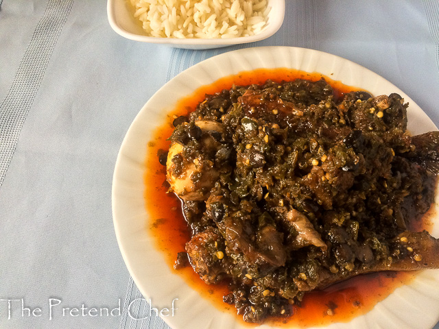 Spicy and Sweet Ayamase, green ofada stew