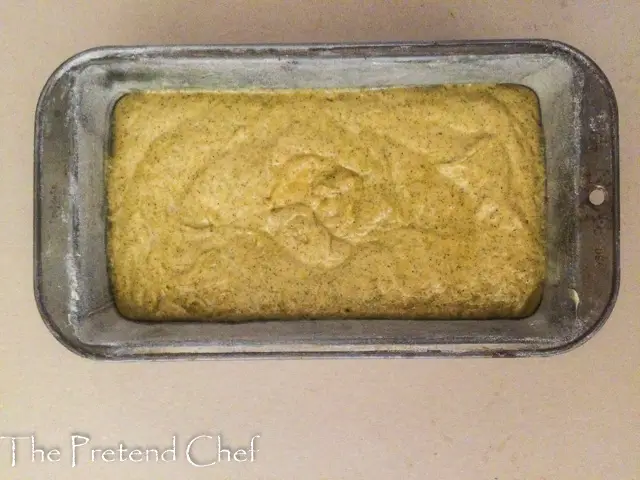 Green Tea Cake batter in a loaf tin