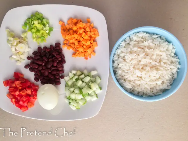 prepared ingredients for Simple Rice Salad