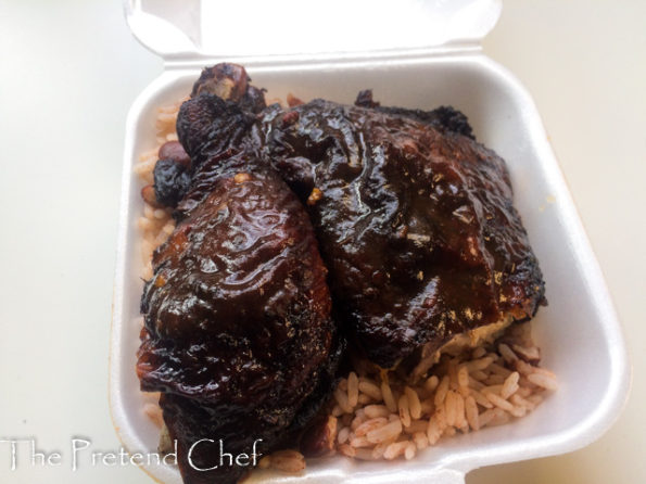 jerk chicken , rice and peas