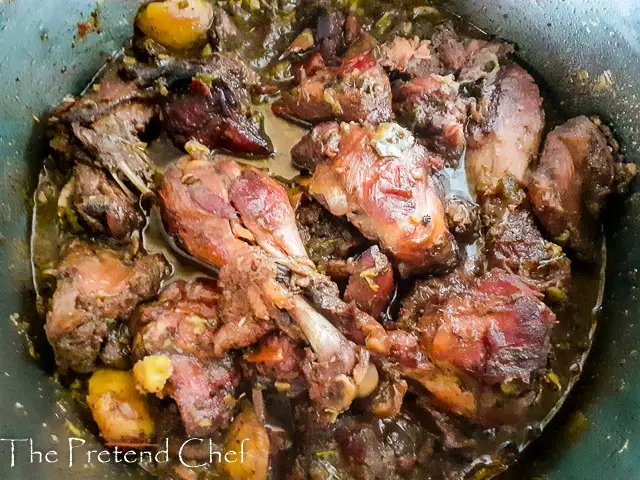 Easy Jamaican brown stew chicken in a pot