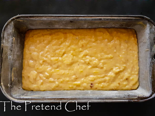 Pumpkin bread batter in a loaf tin