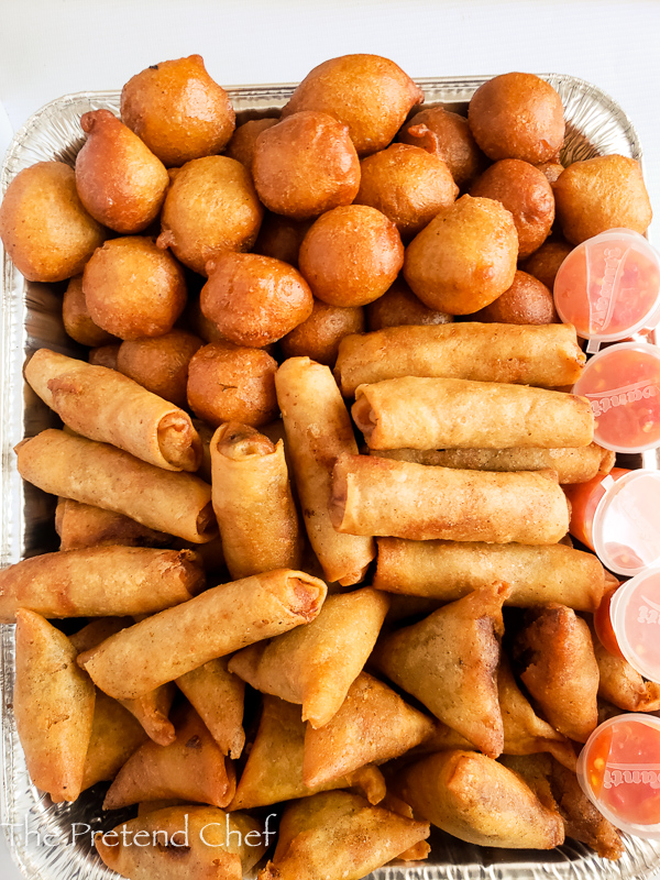 Nigerian party appetizers (small chops) in a tray