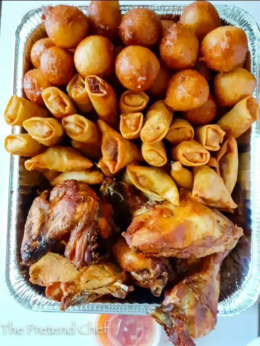 Nigerian party appetizers (small chops) in a tray