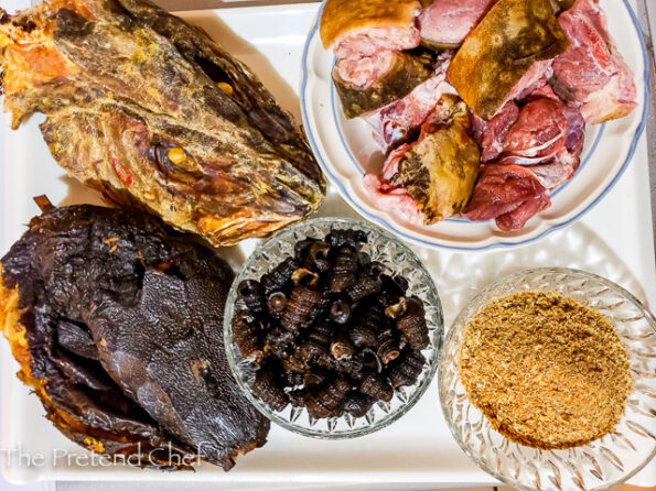 Ingredients for Atama soup in a tray