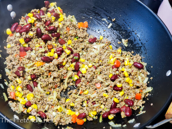 minced meat and rice frying